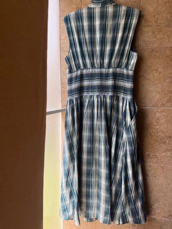 The Tommie Midi Dress Cap-sleeve Blue Plaid Zip-Front Pockets Anthropologie L - Picture 3 of 16